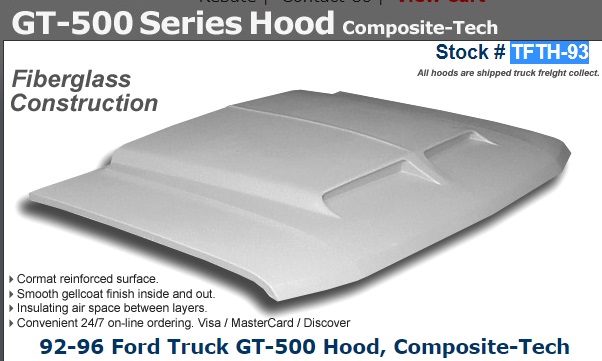 Fiberglass 3" GT-500 Ram Air Hood 92-96 Ford Trucks - Click Image to Close